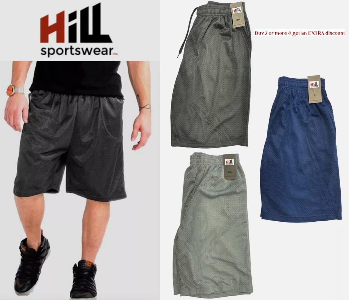 Hill Men's Casual Active Basketball Gym Fitness Polyester Mesh Shorts Black  Gray