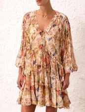 Zimmerman August Billow Frill Mini Dress Floral Long Sleeve Size 1 US 4