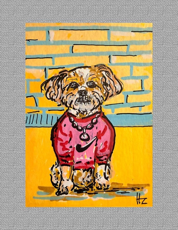 Original Acrylic Dog ACEO - Dog in Pink Shirt - Whimsical Miniature Art OOAK