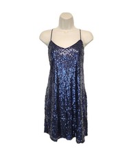 Express Sequin Mini Dress Size L Blue Spaghetti Strap V-neck Glam Evening Party