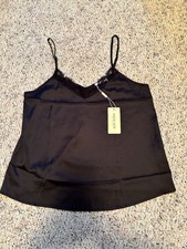 NWT EKOUAER Black Satin Camisole with Lace Trim Size Small