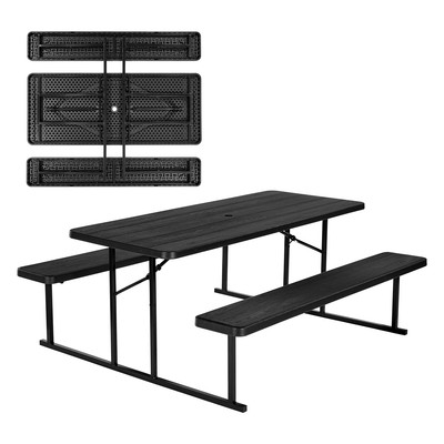 7ft Picnic Table Folding Camping Table Chair w/ Umbrella Hole for Garden Outdoor
