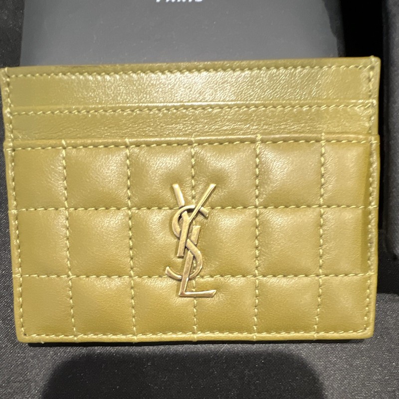 Saint Laurent Quilted YSL Logo Green Card Wallet  Card Holder Women BRAND NEW