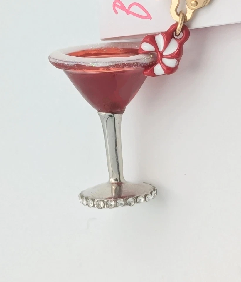 Betsey Johnson Mismatched Peppermint Martini Drop/Dangle Earrings w/Pink Bow - Image 3 of 4