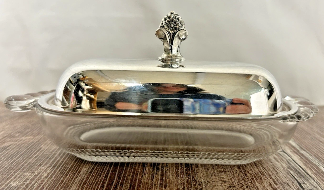 VTG Antique Late 1800s Rogers & Bros Silverplate & Glass Covered Butter Dish EUC