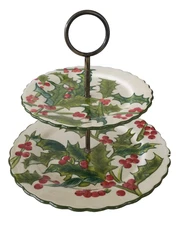 Ceramic Ambiance Green Holly & Berry Tidbit 2 Tier Serving Dish Christmas