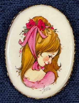 Vintage Pretty Lady - Pink Bow - 1970's Brooch - Signed Leslie
