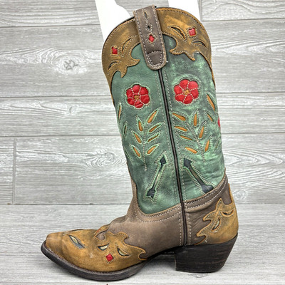 Laredo Miss Kate Floral Tooled Inlay Snip Toe Cowboy Brown Casual Boots Size 6