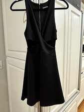 Express Sz 0 Women Black Cut Out Sleeveless Deep V Neck Fit &Flare Stretch Dress