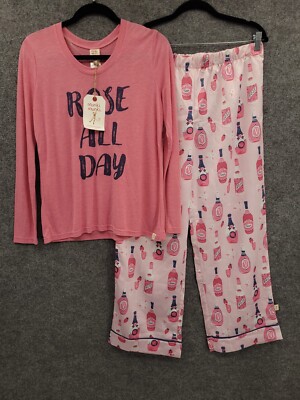 Munki Munki Pajama Set Womens Medium Long Sleeve Satin Pants Pink Rose All Day