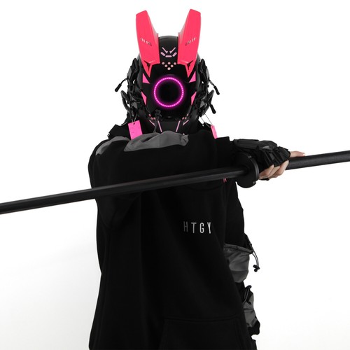 Futuristische Cybermaske mit LED-Leuchten für Cosplay und Techwear Mode - Bild 40 von 80