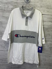 Champion Polo Shirt 2XL Mens White Gray Spell Out Logo Short Sleeve