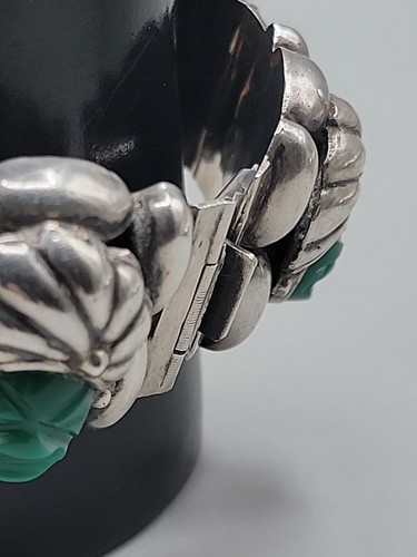 Sterling RA Mexico Carved Green Onyx Portrait Bracelet DF 925 Rancho Alegre 7" - Picture 4 of 19