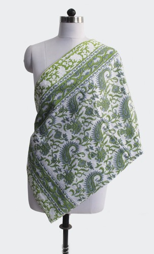 Indian Handmade Green White Floral Hand Block Print Cotton Scarves Cotton Sarong