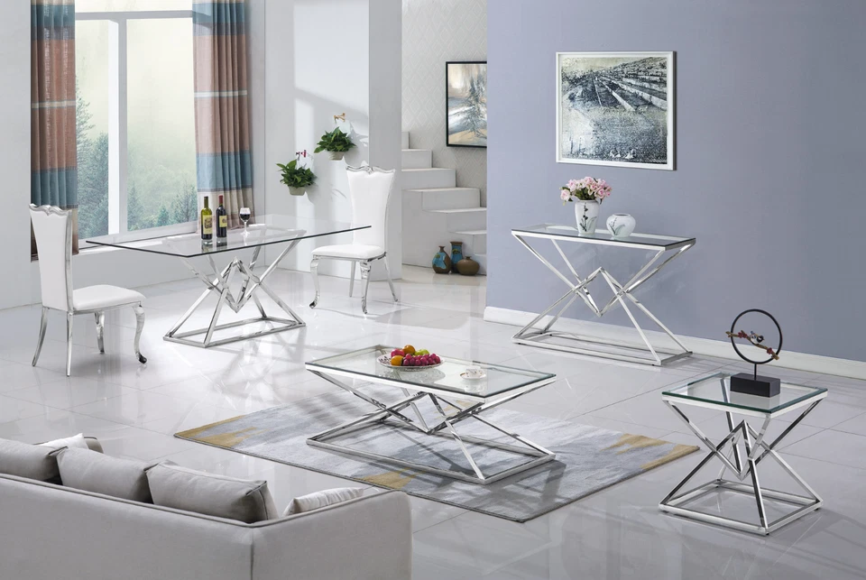 Design Tavolo da Pranzo Argento Acciaio Inox Temperato Vetro Sala 160x90 CM - Immagine 2 di 4