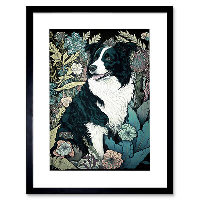 Border Collie Hund Wildblumenfeld moderner gerahmter Wandkunstdruck Bild 12 x 16
