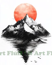 B&W Surreal Mountain Sunset Landscape AI Digital Image 11x14 Cotton Paper S2