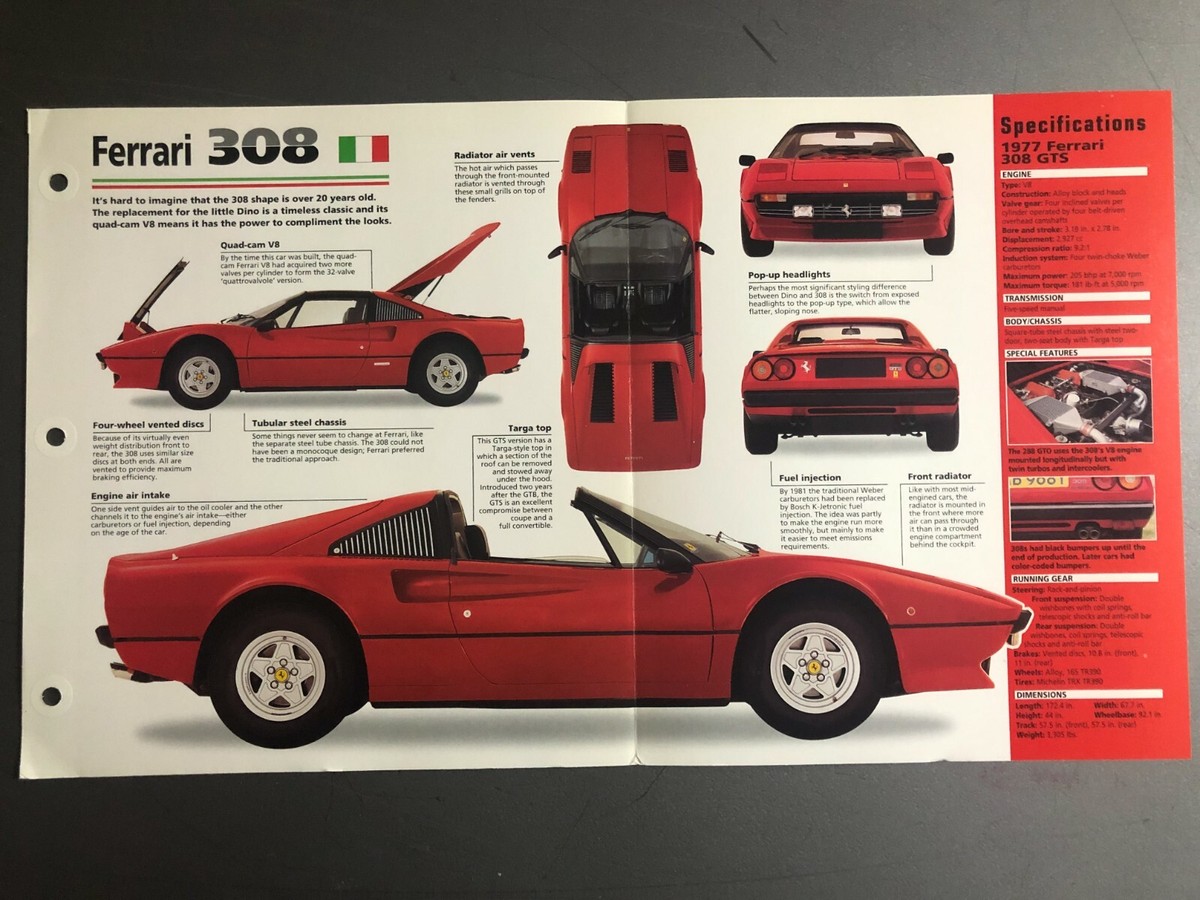 1974 - 1985 Ferrari 308 Coupe Poster, Spec Sheet, Folder, Brochure