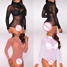 Ladies Women's High Neck Sheer Mesh See-through Long Sleeve Leotard Top Bodysuit