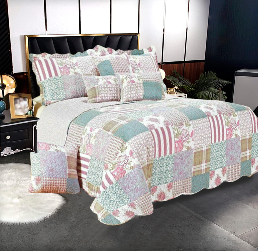 3 Piece Quilted Printed Patchwork Bedspread Comforter Set Single Double