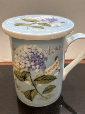 VINTAGE Portmeirion Botanic Garden Hydrangea Macrophylla Coffee Tea Mug Cup /lid