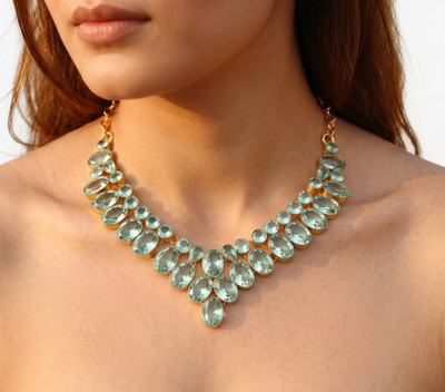 18k Gold Green Amethyst Gemstone 925 Sterling Silver Jewelry Necklace S-18''