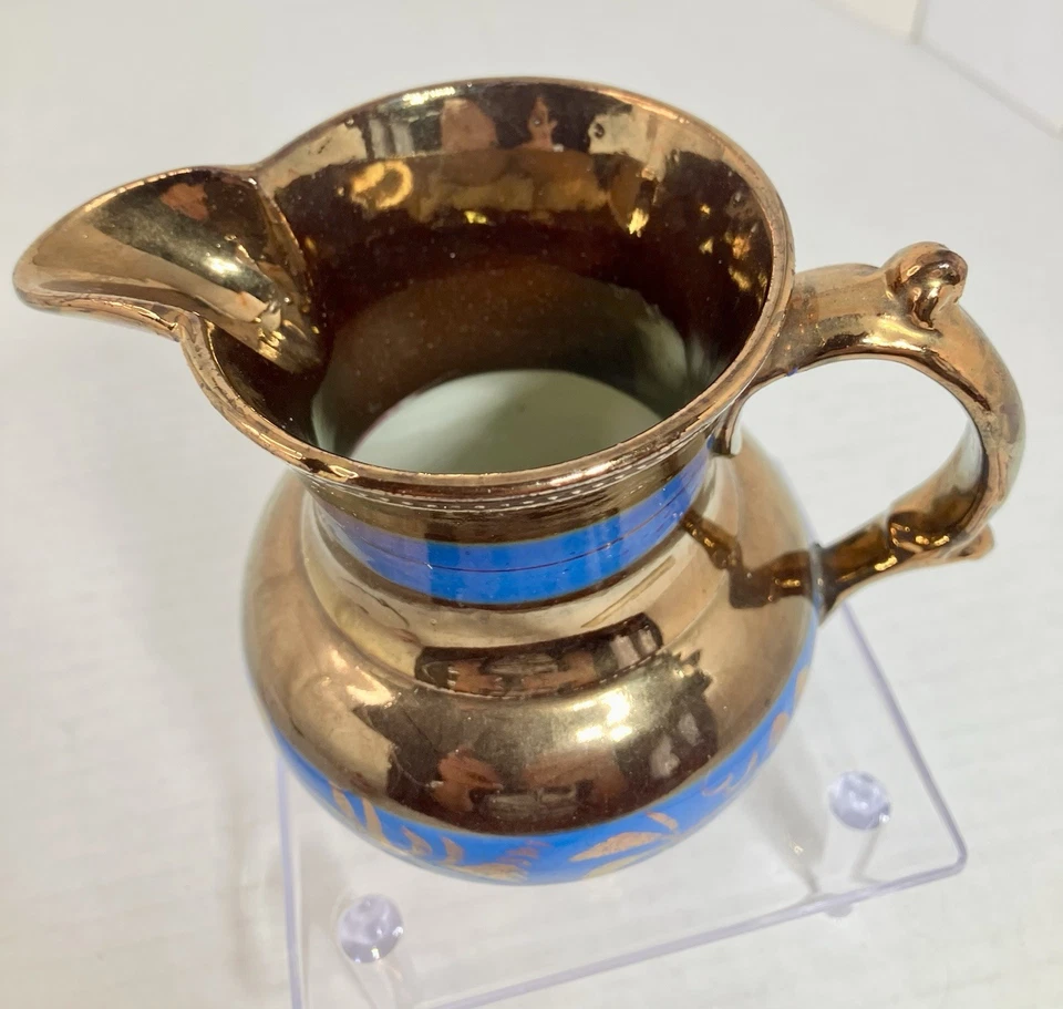 Antigua jarra de principios de 1800 color cobre brillo azul bandas brillo decoración 4,5 Foto 3 de 4