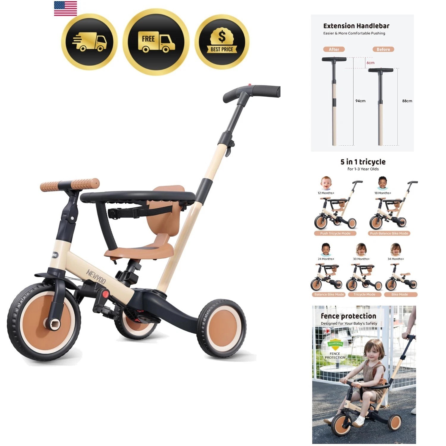 TR008 5 in 1 Toddler Tricycle with Push Handle for 1-3  Old 