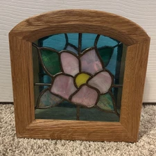 Stained Glass Wood Napkin Book Mail Holder Vintage Floral Flower Pink Green Blue