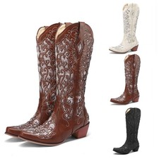 Image of Women's Ankle Western Cowboy Ankle Boots Embroidered Pointed Toe Slip On Shoes