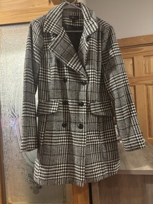 BCX Black White Plaid Pea Coat Belted Women's Size L Long Sleeve