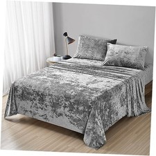 Fredsure Distressed Velvet Sheet Set, 4 Pieces Ultra Soft, Warm King Grey