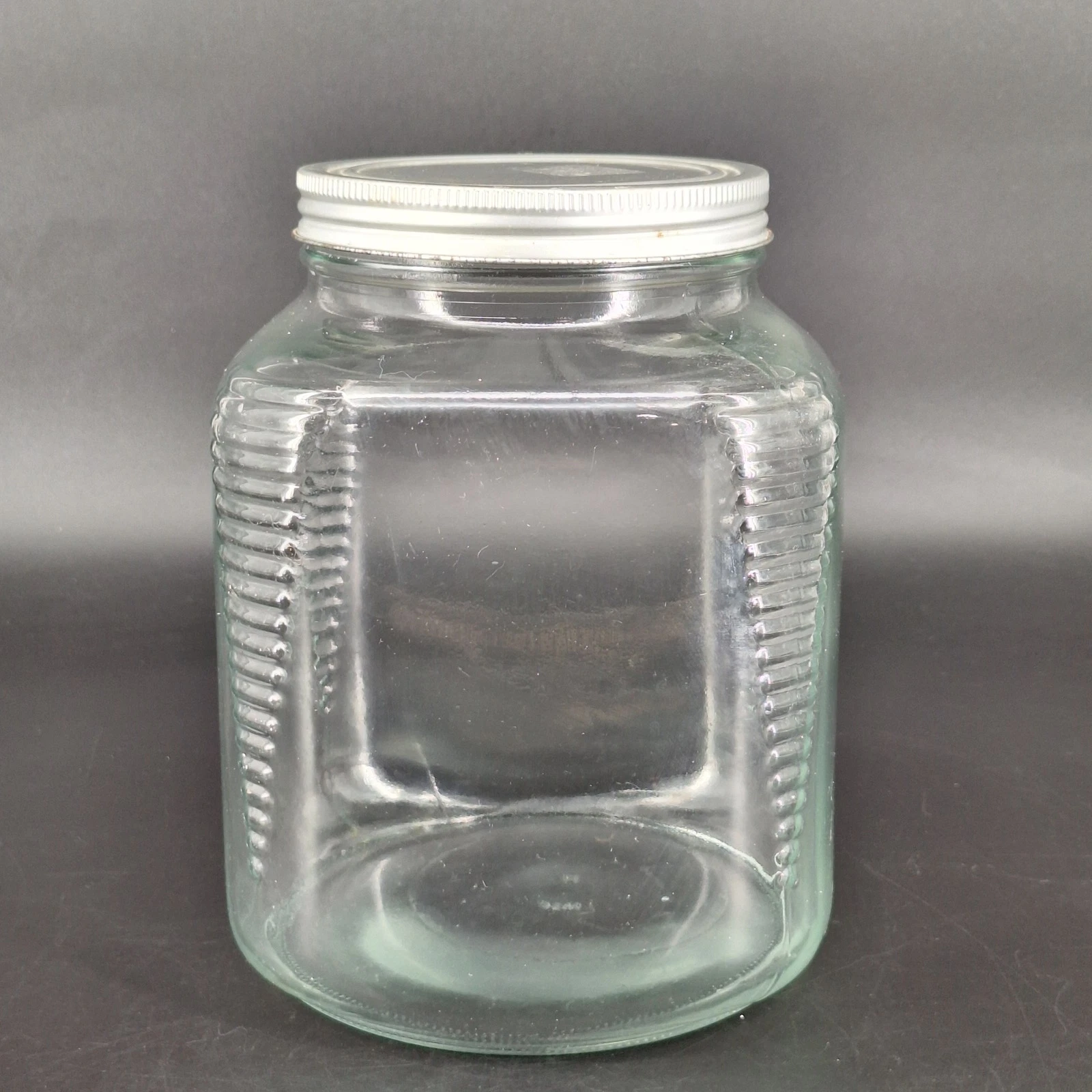 Large Clear Glass Storage Jar Canister Ribbed Square w/ Metal Lid Kitchen Pantry