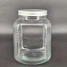 Large Clear Glass Storage Jar Canister Ribbed Square w/ Metal Lid Kitchen Pantry