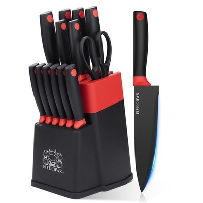 14 Pcs Kitchen Knife Block Set with Sharpener German High Carbon Stainless St...