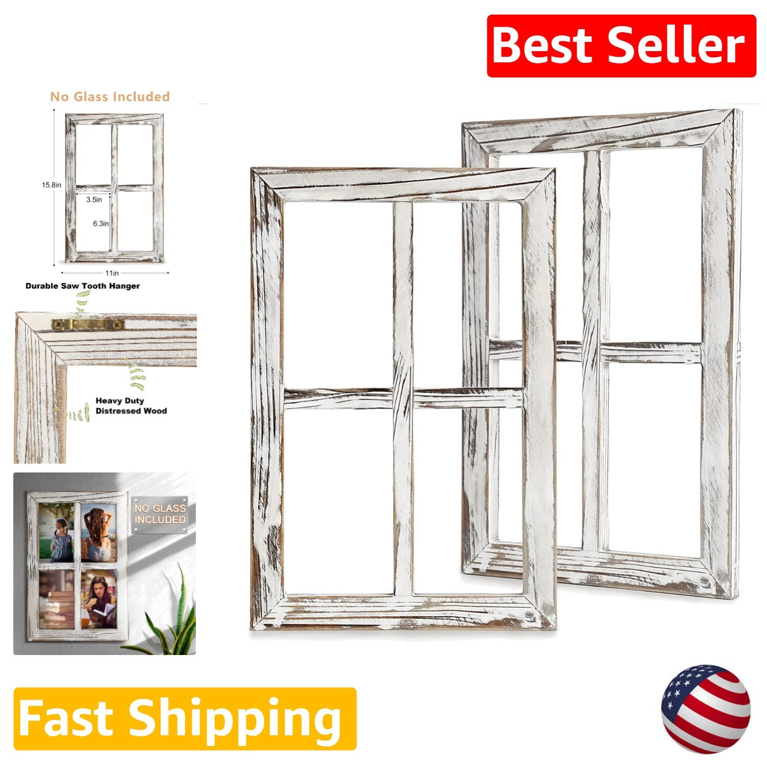 Rustic Window Barnwood Frames - Farmhouse Wall Decor Set of 2, White, 11x15.8 in