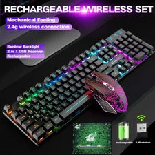 Wireless Gaming Keyboard and Mouse & Mat Combo Mechanical Feel Backlit for PC
