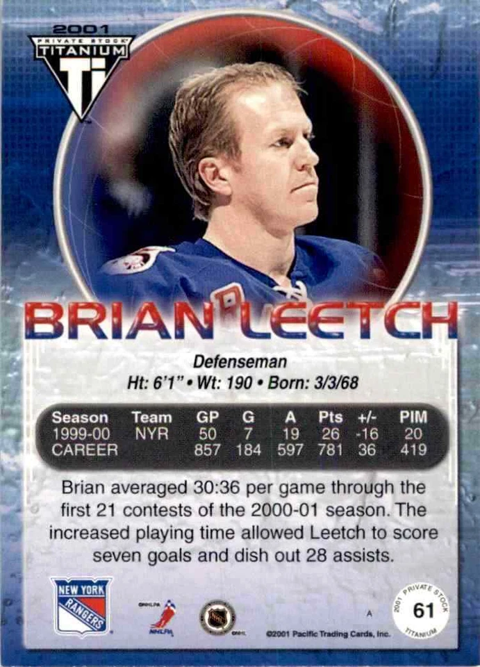 2000-01 Pacific Private Stock Titanium Brian Leetch #61 - Image 2 of 2