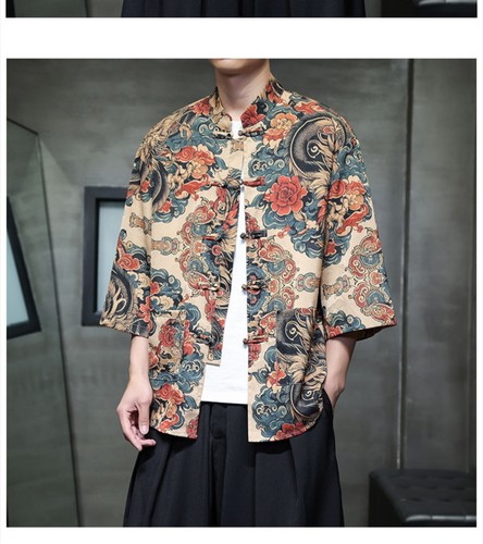 Tang Suit Seide Herren Kurzarm T-Shirt Strand 3/4 Arm Chinesischer Stil Bedruckt - Bild 12 von 31