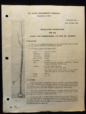 The Lewis Engineering Company Gasket Type Thermocouple Vintage Instructions 1945