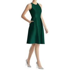 Alfred Sung Hunter Green High Neck Satin Dress Size 18 D769