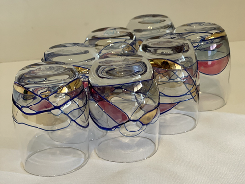 Vintage 7 Shot Glass Set Stain Glass Style Clear Glass Tray MCM Made in Romania - Picture 10 of 17