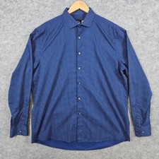 JF J Ferrar Stretch Men's Dress Shirt Size L 16-16 1/2 - 34-35 Blue With Diamond