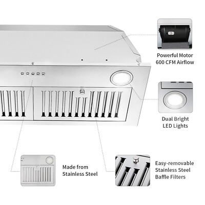 800CFM Built-in Range Hood 30in Insert Cooking Vent Stainless Steel 3-Speed Fan