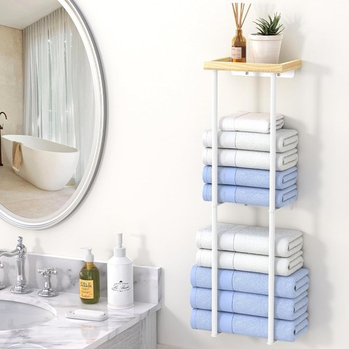 Metal Towel Rack Wall Mounted Bath Towel Storage Holder Wooden Shelf 2 Tier