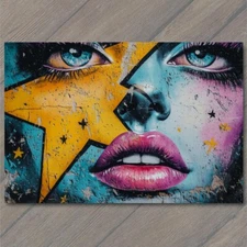 Art Print Woman Feminine Graffiti Blue Eyes Pink Lips Yellow Star Urban Abstract