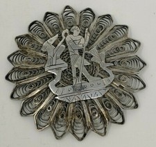 Egyptian Revival Silver Filigree Brooch Ra/Horus Rowing Boat ~ 2 7/8" Diameter