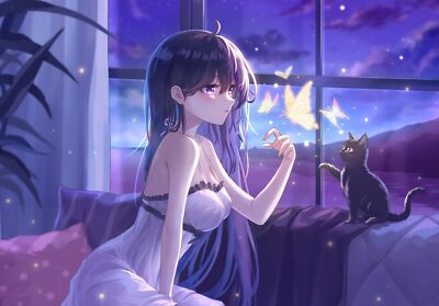 Anime girls original characters black cats butterfly Playmat Gaming Mat Desk