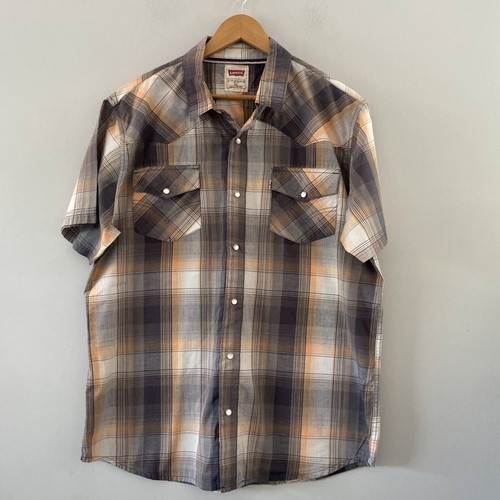 Levi’s Hemd Herren XL Grau Orange Kariert Kurzarm Modern Levi Pearl Snap