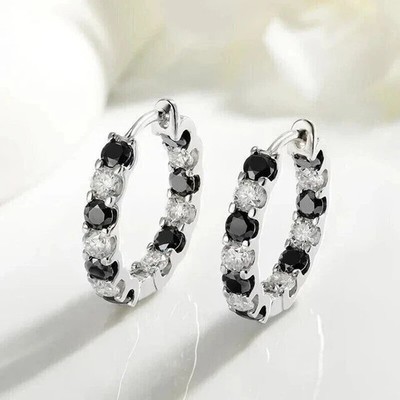 3Ct Round Cut Lab Created Black Diamond Hoop Earrings In 14K White Gold Plated